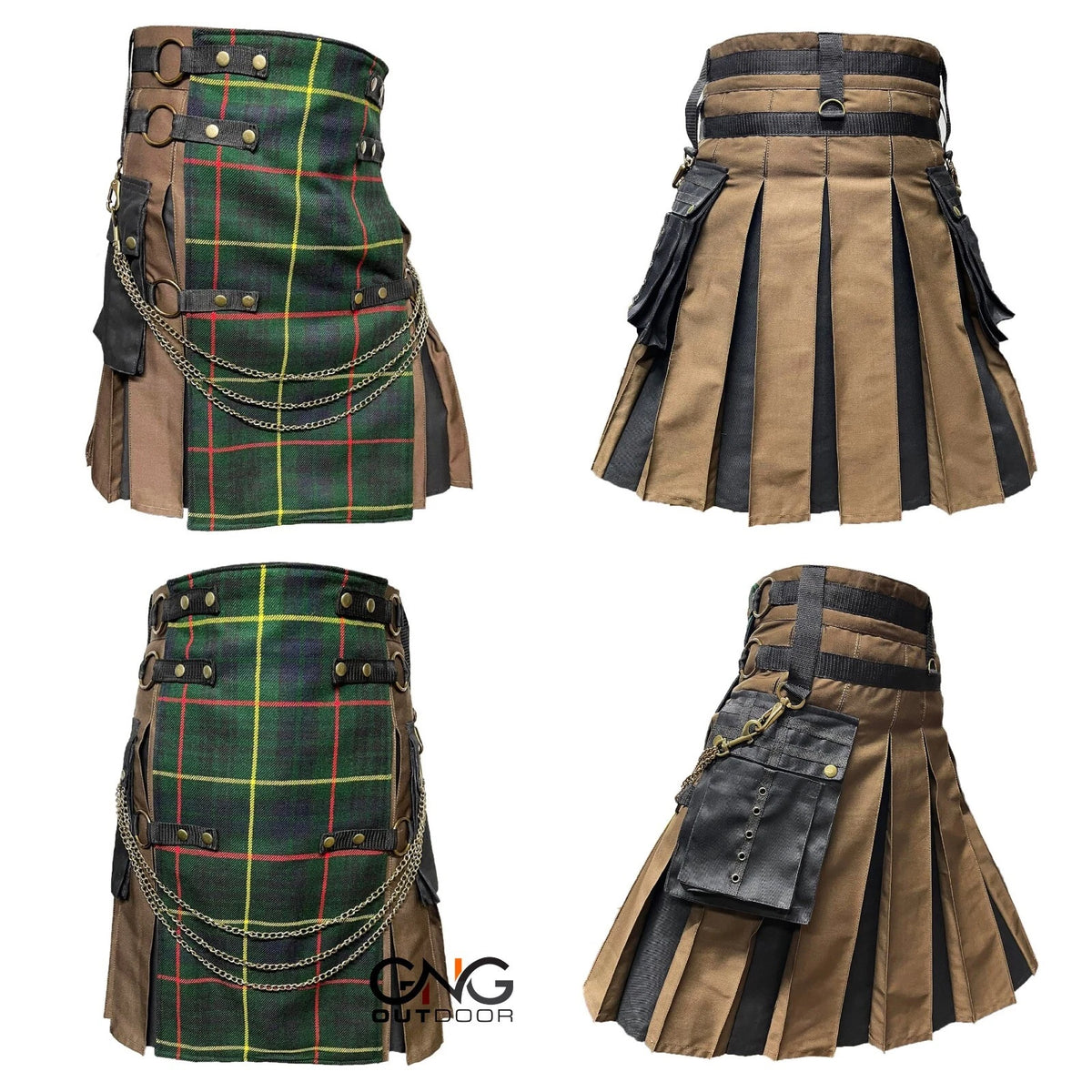 Men’s Hunting Stewart Tartan Gothic Kilt with Chain Detail, Straps & Front Apron – Size 28–60