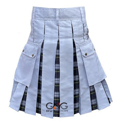 Men’s White Pleated Utility Kilt with Black & Grey Tartan Panels  Modern Highland Fashion Kilt