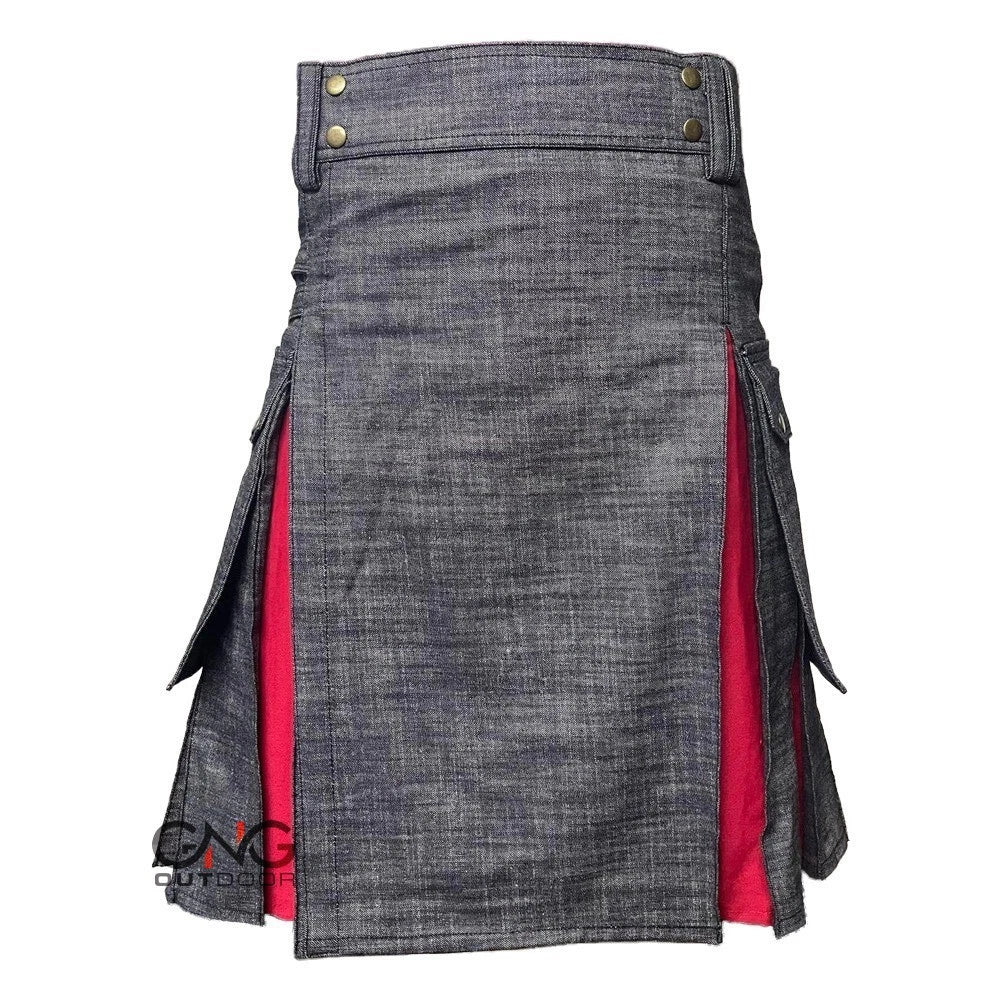 Men's Scottish Black Denim Utility Kilt Red Pleated Fashion Cargo Kilt