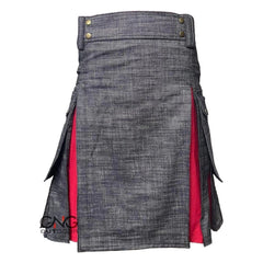 Men's Scottish Black Denim Utility Kilt Red Pleated Fashion Cargo Kilt