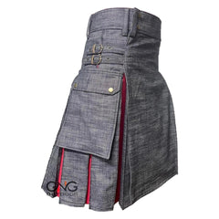 Men's Scottish Black Denim Utility Kilt Red Pleated Fashion Cargo Kilt