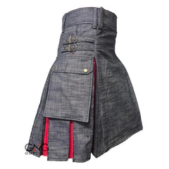 Men's Scottish Black Denim Utility Kilt Red Pleated Fashion Cargo Kilt