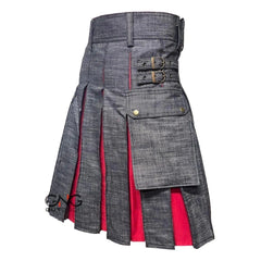 Men's Scottish Black Denim Utility Kilt Red Pleated Fashion Cargo Kilt