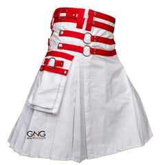 Men’s White & Red Strap Utility Kilt – Scottish Modern Fashion Highland Kilt