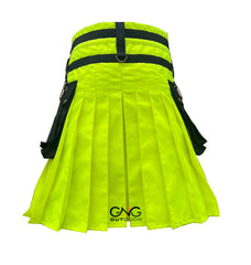 Men's Scottish Lime Green Gothic Utility Kilt | Modern Black Strap & Hardware Design