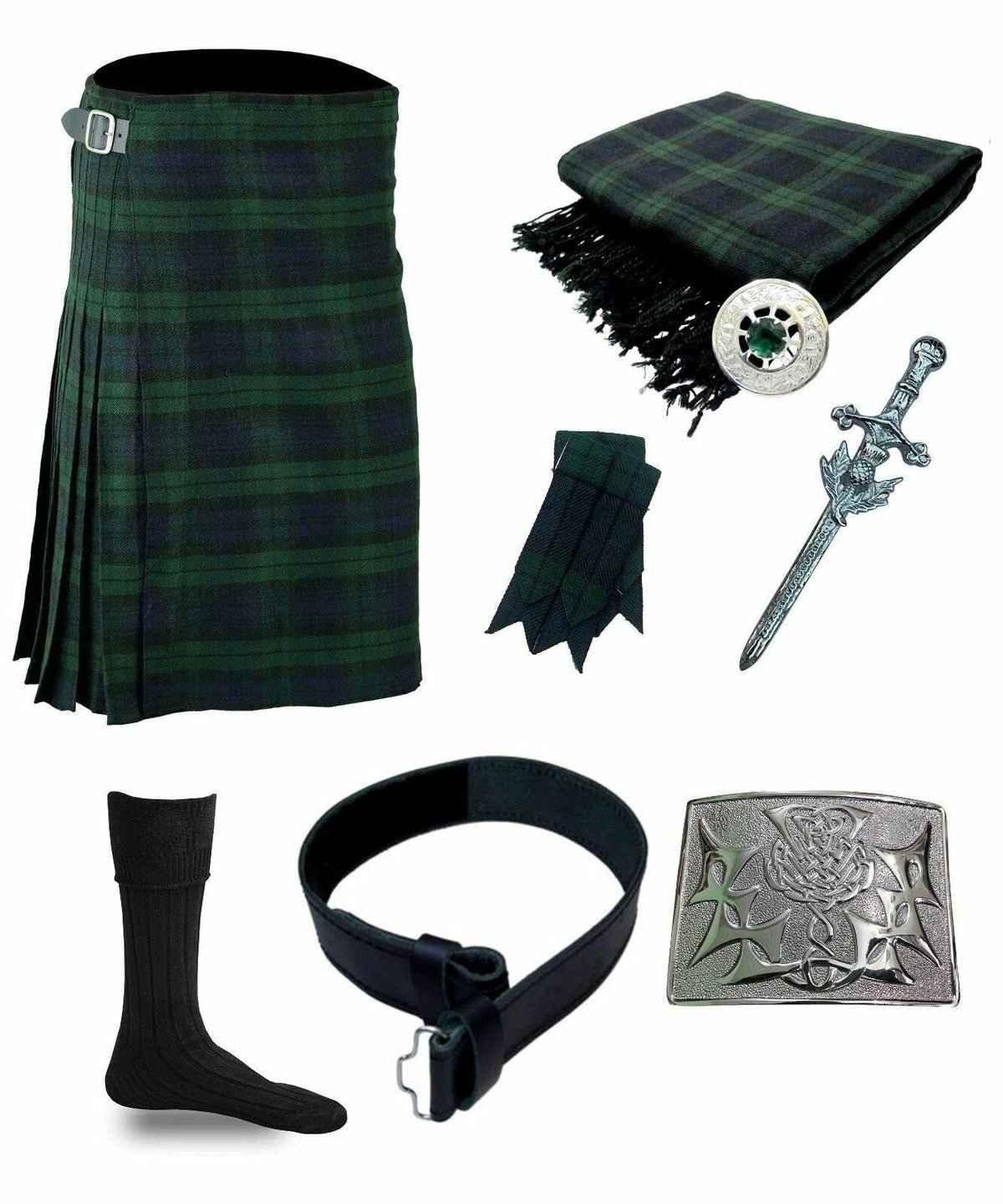 Men's Black Watch Tartan 8-Piece Scottish Highland Kilt Outfit Traditional Wedding Kilt Set