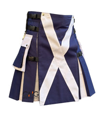 Men's Scottish Blue Utility Kilt White Cross Highland Modern Fashion Kilt