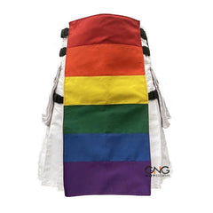 Men’s White Rainbow Panel Utility Kilt with Pride-Inspired Accents – Modern Hybrid Fashion Kilt, Sizes 28–62