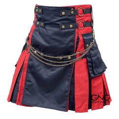 Men's Red & Black Utility Kilt with Chain Details, Cargo Pockets & Adjustable Straps