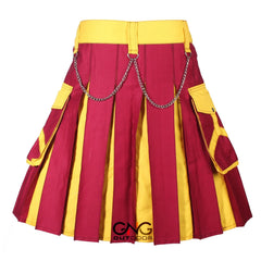 Men’s Maroon & Gold Utility Kilt with Cargo Pockets and Chain Details
