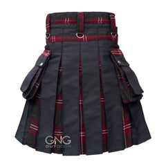 Men's Scottish Crawford Tartan Front Apron Utility Kilt  Black Gothic Chain Hybrid