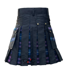 Men’s Black & Tartan Utility Kilt Blue Purple Plaid Accents, Cargo Pockets & Adjustable Straps, Sizes 28–62
