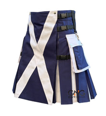 Men's Scottish Blue Utility Kilt White Cross Highland Modern Fashion Kilt