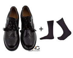 Scottish Men's Black Leather Ghillie Brogues Kilt Shoes with Brown Socks