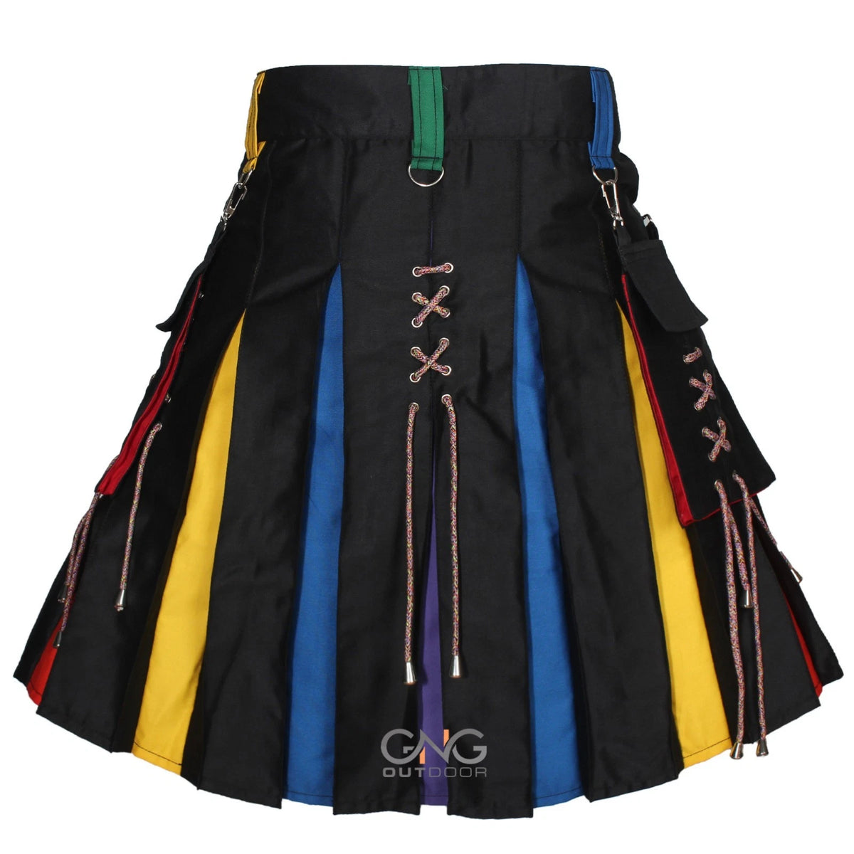 Men's Black Hybrid Utility Kilt with Rainbow Pleats & Laces | Pride Kilt
