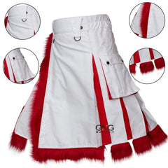 Men’s White & Red Fur Utility Kilt – Scottish Christmas-Themed Modern Fashion Kilt