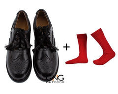 Scottish Men's Black Leather Ghillie Brogues Kilt Shoes with Red Socks