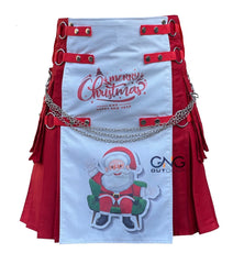 Men's Christmas Holiday Hybrid Utility Kilt  Santa Design with Chains