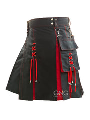 Men’s Black & Red Modern Utility Kilt with Decorative Lacing and Cargo Pocket