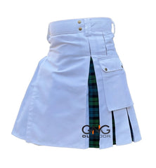 Men’s White Modern Utility Kilt with Green Tartan Pleated Panels