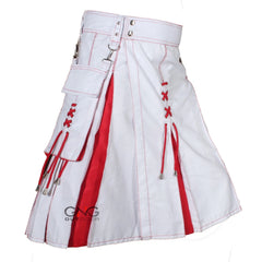 Men's Scottish White Utility Kilt Red Lace Detail Highland Modern Fashion Kilt