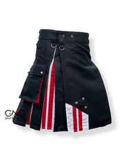 Men's Black Hybrid Utility Kilt with Red & White Stripes and Stars | 28" to 62"