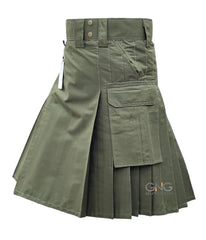 Men’s Green Tactical Utility Kilt – Ripstop Cotton Cargo Kilt with Functional Pockets