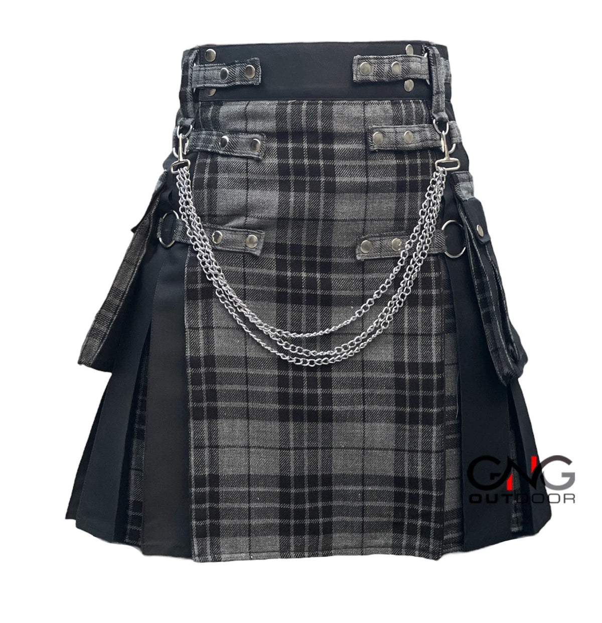 Men's Scottish Grey Tartan Front Apron Utility Kilt | Black Pleats & Gothic Silver Chains