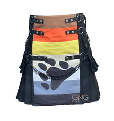 Men's Black Utility Kilt with Color Block Bear Paw Design, Chains & Adjustable Straps