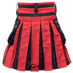 Men's Red & Black Utility Kilt with Chain Details, Cargo Pockets & Adjustable Straps