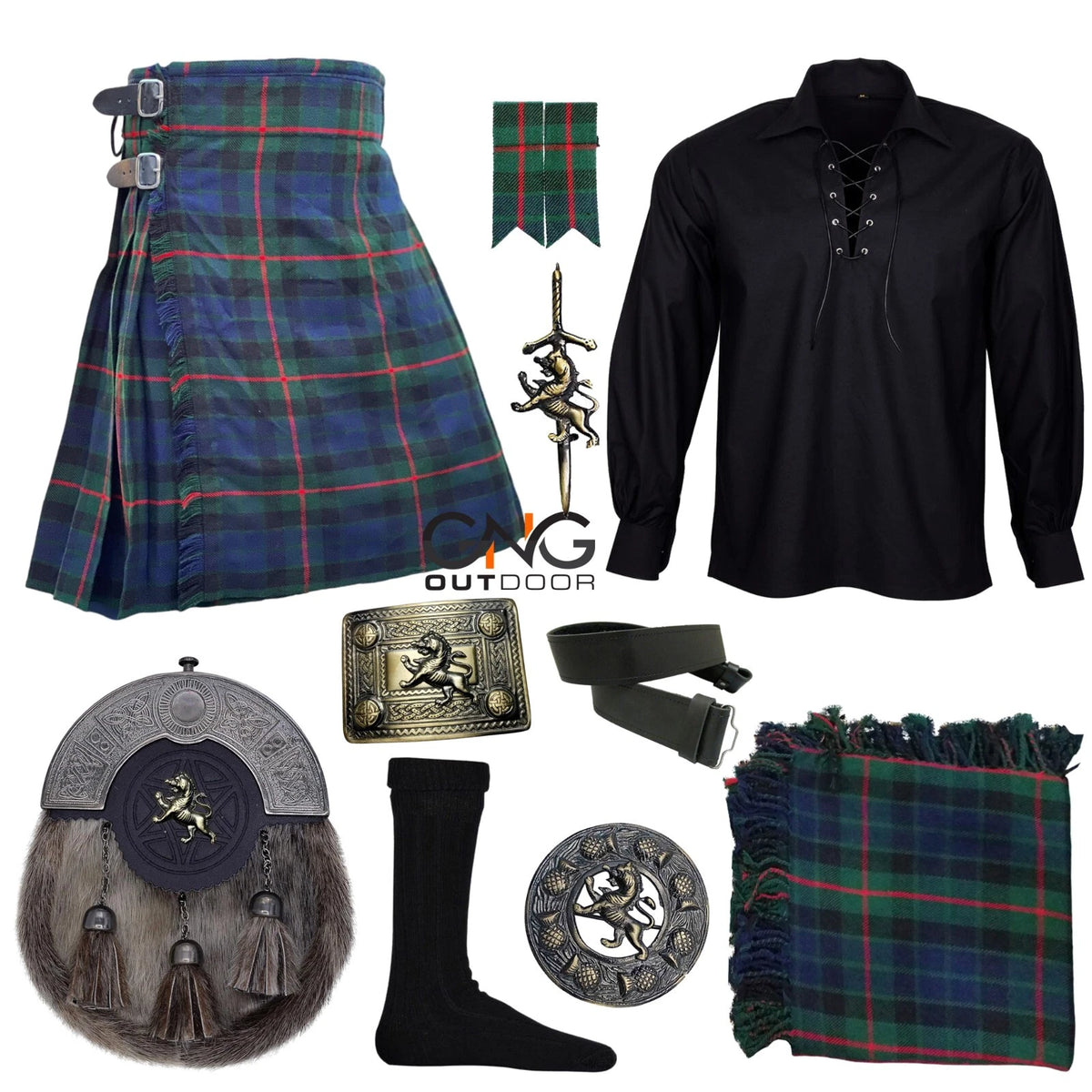 Men's Lion Rampant Tartan 10-Piece Scottish Highland Kilt Outfit Wedding Kilt Set