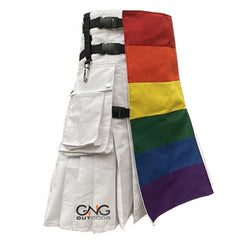Men’s White Rainbow Panel Utility Kilt with Pride-Inspired Accents – Modern Hybrid Fashion Kilt, Sizes 28–62