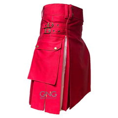 Men's Scottish Red Fashion Kilt with White Pleated Panels & Front Pocket