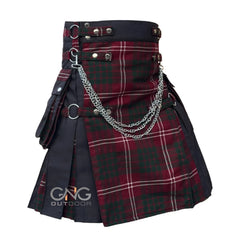 Men's Scottish Crawford Tartan Front Apron Utility Kilt  Black Gothic Chain Hybrid
