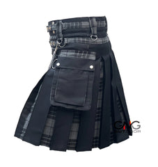 Men's Scottish Grey Tartan Front Apron Utility Kilt | Black Pleats & Gothic Silver Chains