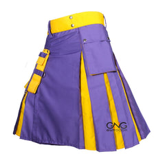 Men's Purple & Yellow Utility Kilt – Scottish Highland Modern Fashion Kilt with Cargo Pockets