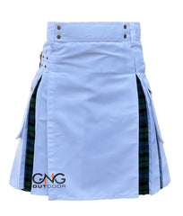 Men’s White Modern Utility Kilt with Green Tartan Pleated Panels