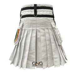 Men’s White Rainbow Panel Utility Kilt with Pride-Inspired Accents – Modern Hybrid Fashion Kilt, Sizes 28–62
