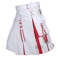 Men's Scottish White Utility Kilt Red Lace Detail Highland Modern Fashion Kilt