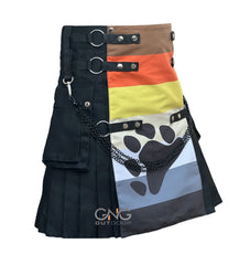 Men's Black Utility Kilt with Color Block Bear Paw Design, Chains & Adjustable Straps