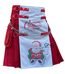 Men's Christmas Holiday Hybrid Utility Kilt  Santa Design with Chains