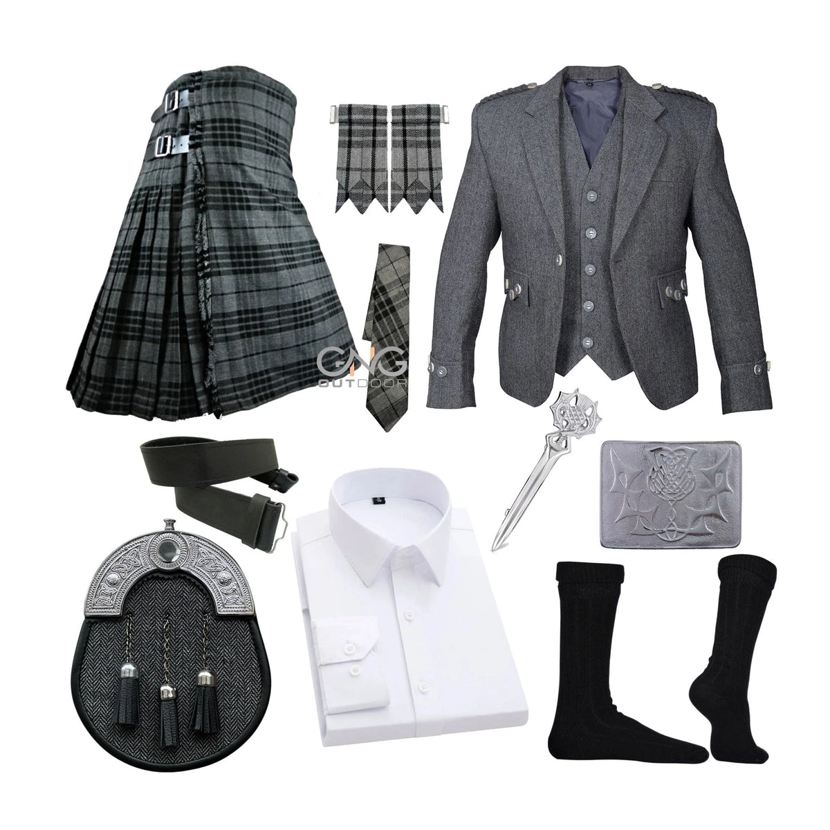 Scottish Men's Grey Tweed Argyle Jacket kilt outfit 11 Items Wedding kilt set