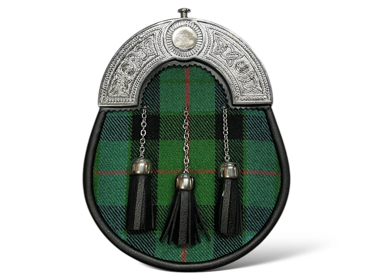 Men's Scottish Gun Ancient Tartan plate Leather Sporran With Chain Strap