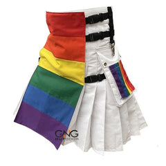 Men’s White Rainbow Panel Utility Kilt with Pride-Inspired Accents – Modern Hybrid Fashion Kilt, Sizes 28–62