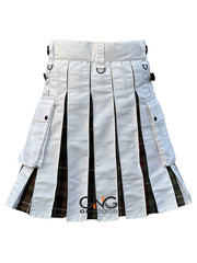 Men’s White Tartan Hybrid Utility Kilt | Scottish Pleated Modern Fashion Kilt