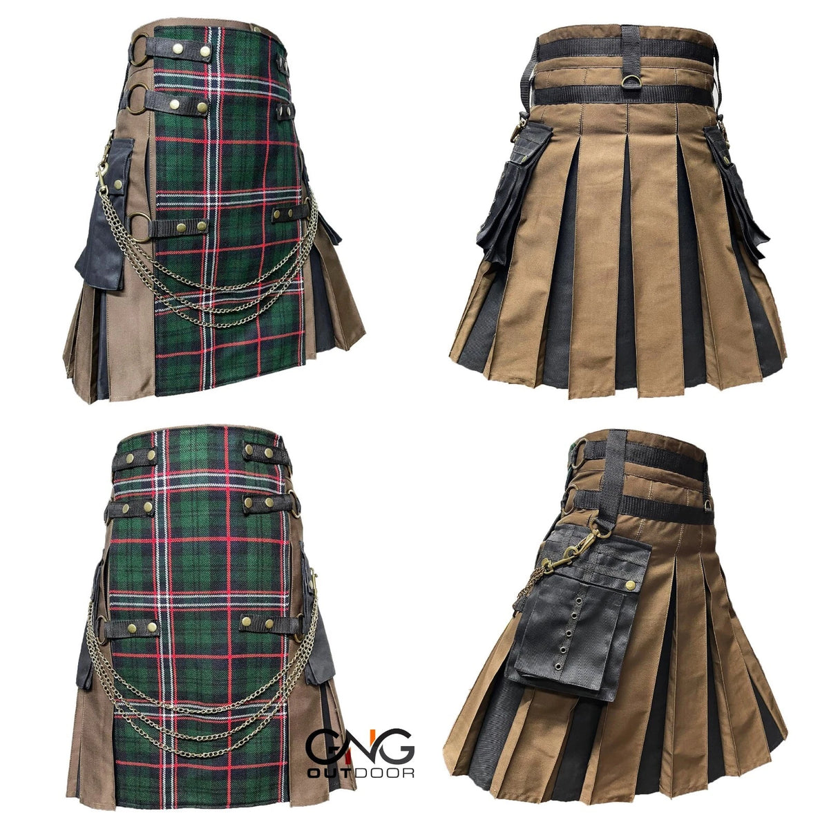 Men's Gothic Tartan Utility Kilt – Scottish Highland Front Apron Kilt with Cargo Pockets, Sizes 28-62