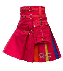 Men's Red Rainbow Hybrid Utility Kilt – Pride LGBT Modern Scottish Kilt with Cargo Pocket & Adjustable Straps