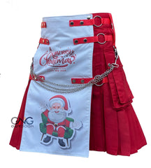 Men's Christmas Holiday Hybrid Utility Kilt  Santa Design with Chains