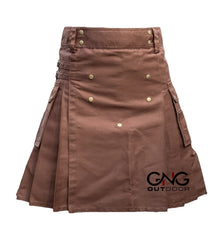 Men's Brown Scottish Utility Kilt Highland Cargo Fashion Kilt with Buckle Straps & Pocket Details
