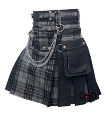 Men's Scottish Grey Tartan Front Apron Utility Kilt | Black Pleats & Gothic Silver Chains